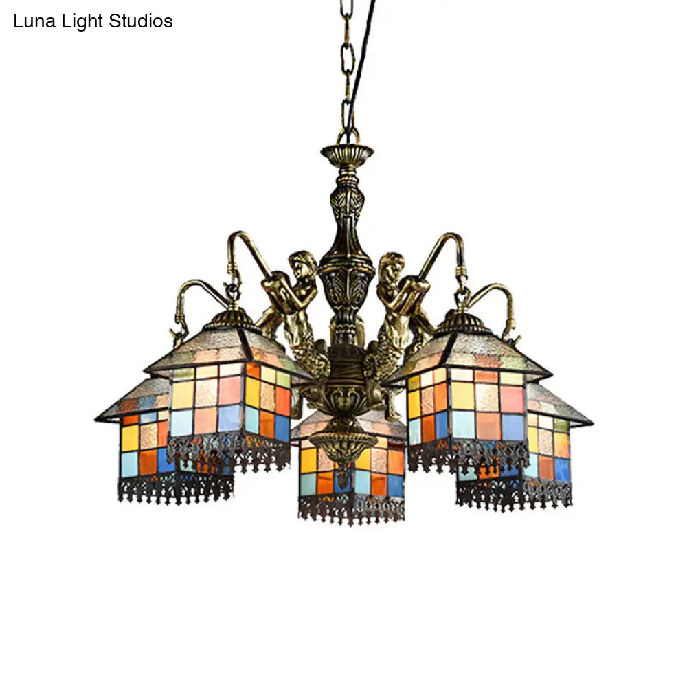 Tiffany Style 5-Light House Stained Glass Chandelier Lamp: Clear/Blue Pendant Lighting