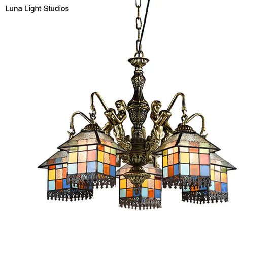 Tiffany Style 5-Light House Stained Glass Chandelier Lamp: Clear/Blue Pendant Lighting