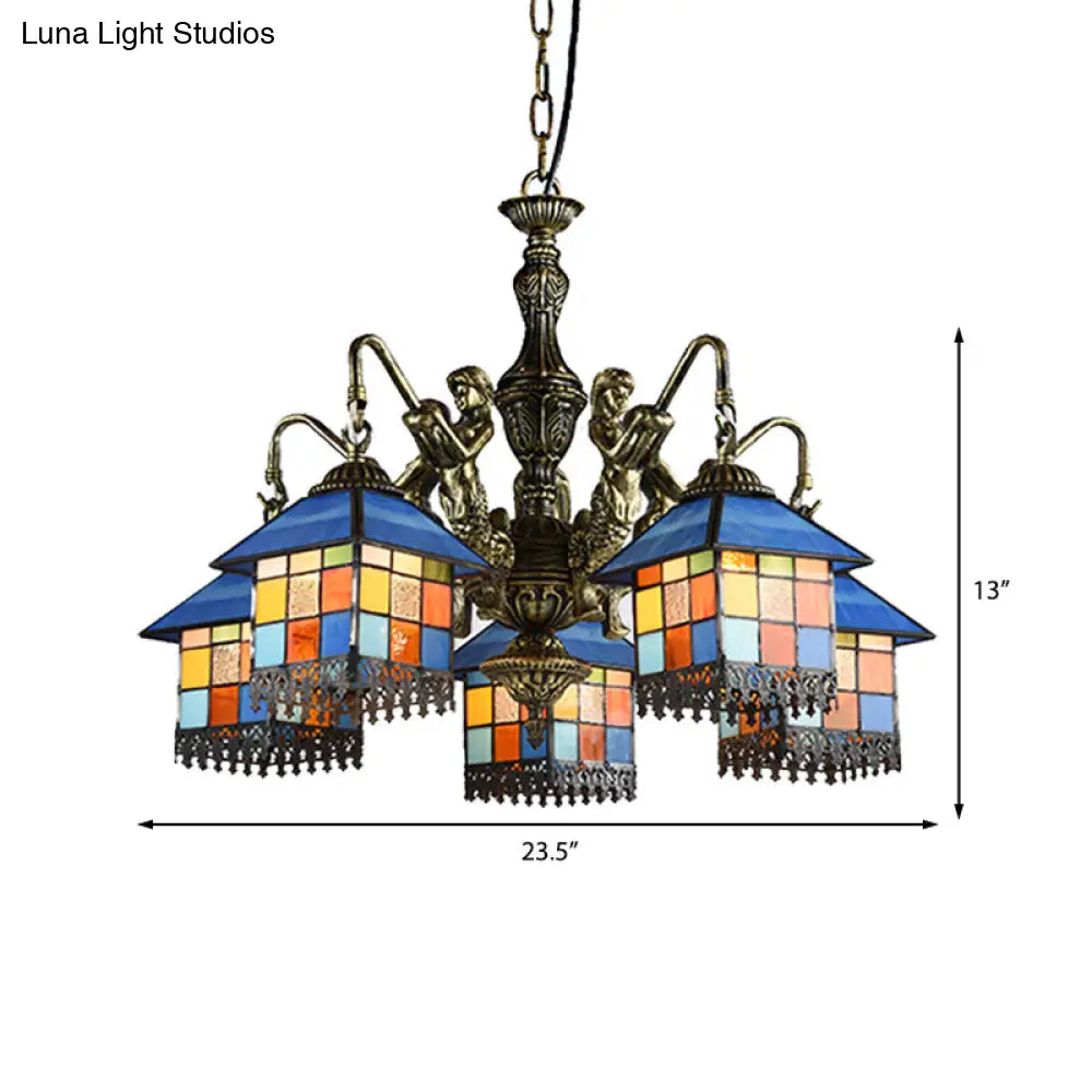 Tiffany Style 5-Light House Stained Glass Chandelier Lamp: Clear/Blue Pendant Lighting