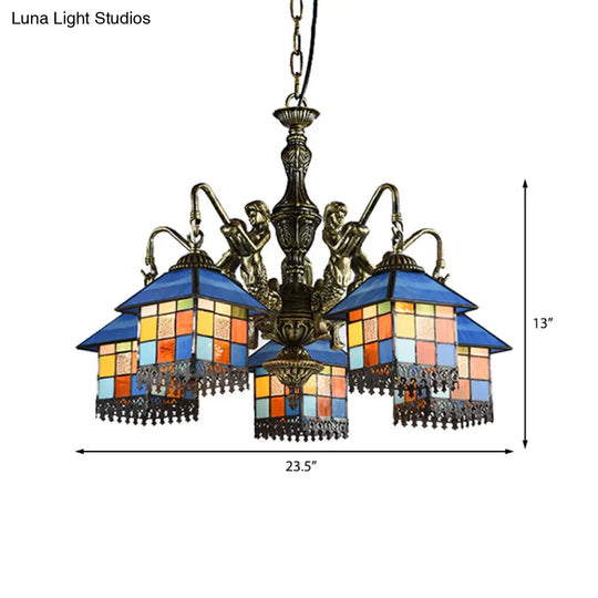 Tiffany Style 5-Light House Stained Glass Chandelier Lamp: Clear/Blue Pendant Lighting