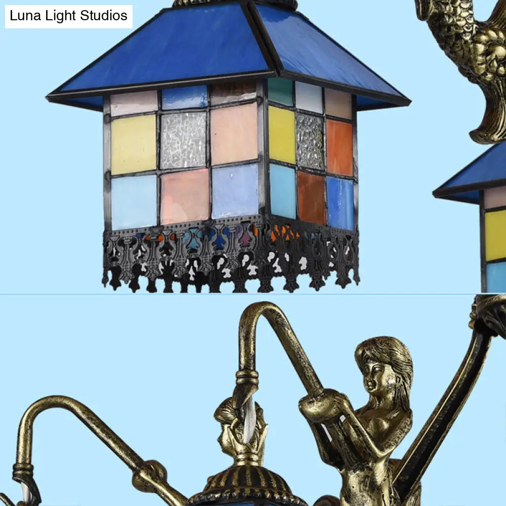 Tiffany Style 5-Light House Stained Glass Chandelier Lamp: Clear/Blue Pendant Lighting