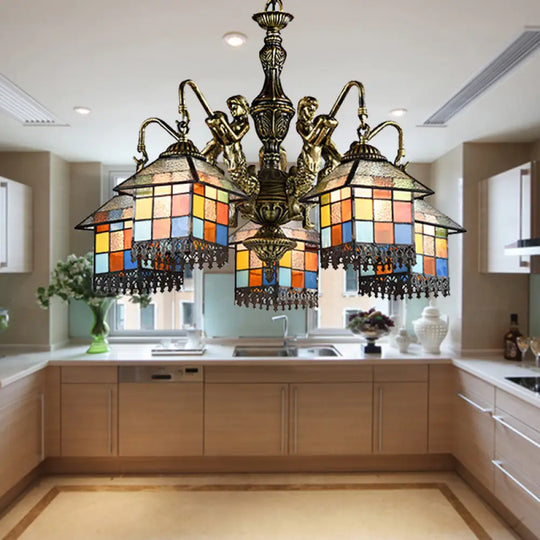 Tiffany-Style Stained Glass Chandelier With 5 Clear/Blue Pendant Lights For House Lighting Clear