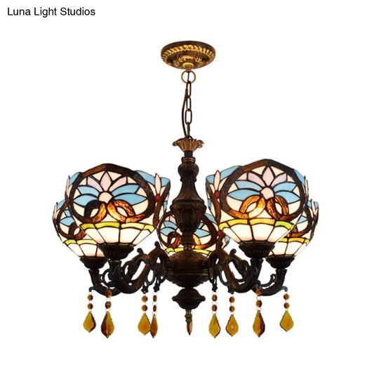 Tiffany-Style Stained Glass Chandelier With Crystal And 5 Hanging Bowl Lights In Blue For Living