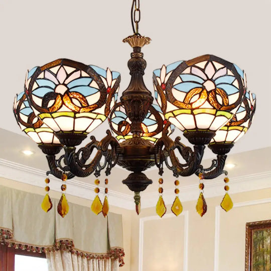 Tiffany-Style Stained Glass Chandelier With Crystal And 5 Hanging Bowl Lights In Blue For Living