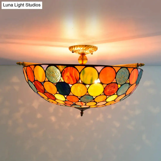 Tiffany-Style Stained Art Glass Semi Flush Mount Lighting - Circle Ceiling 5 Heads Brass Finish