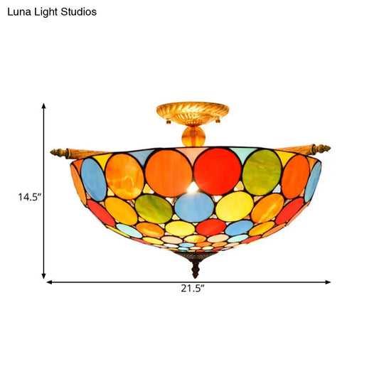 Tiffany-Style Stained Art Glass Semi Flush Mount Lighting - Circle Ceiling 5 Heads Brass Finish