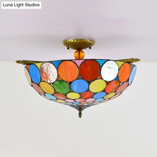 Tiffany - Style Stained Glass Circle Flush Mount Lighting With 5 Brass Heads - 21.5’/25.5’ Wide