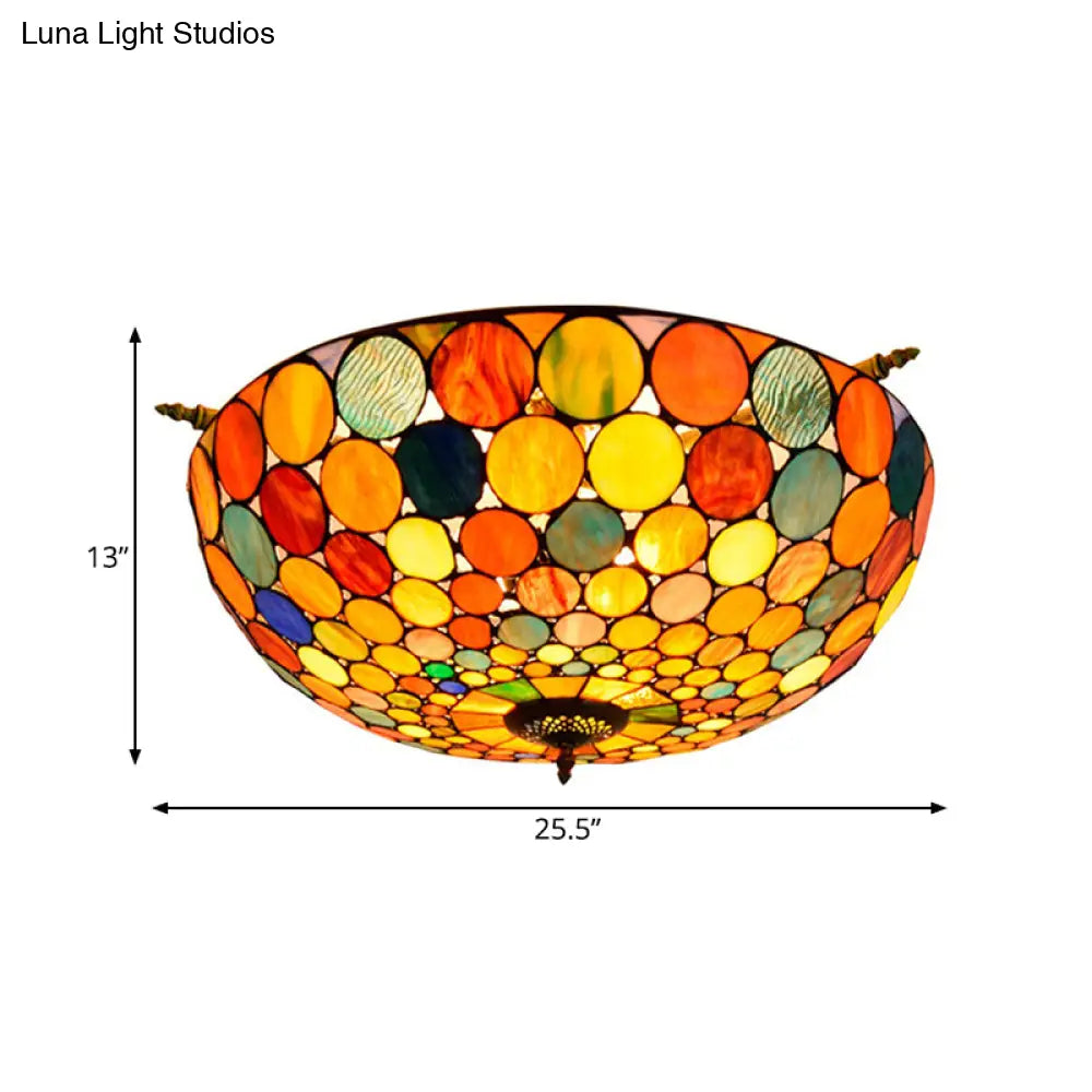 Tiffany - Style Stained Glass Circle Flush Mount Lighting With 5 Brass Heads - 21.5’/25.5’ Wide