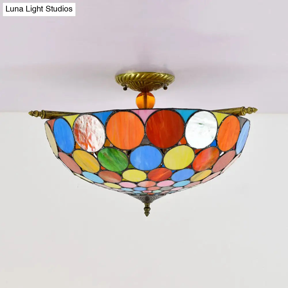 Tiffany-Style Stained Art Glass Semi Flush Mount Lighting - Circle Ceiling 5 Heads Brass Finish