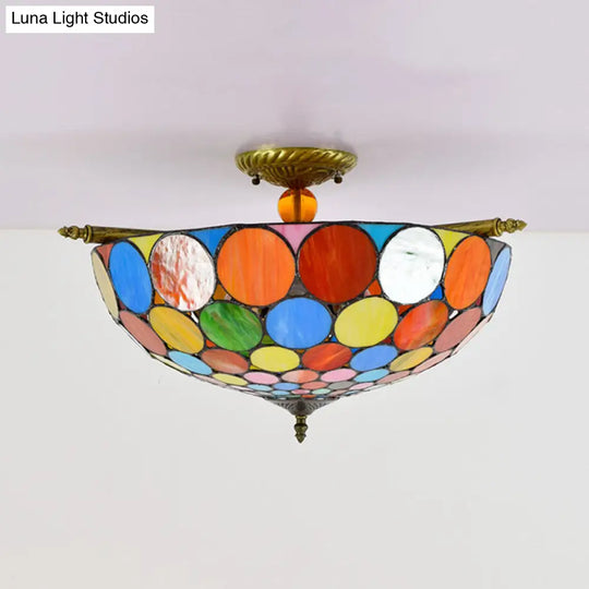 Tiffany-Style Stained Art Glass Semi Flush Mount Lighting - Circle Ceiling 5 Heads Brass Finish