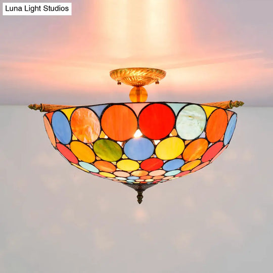 Tiffany-Style Stained Art Glass Semi Flush Mount Lighting - Circle Ceiling 5 Heads Brass Finish