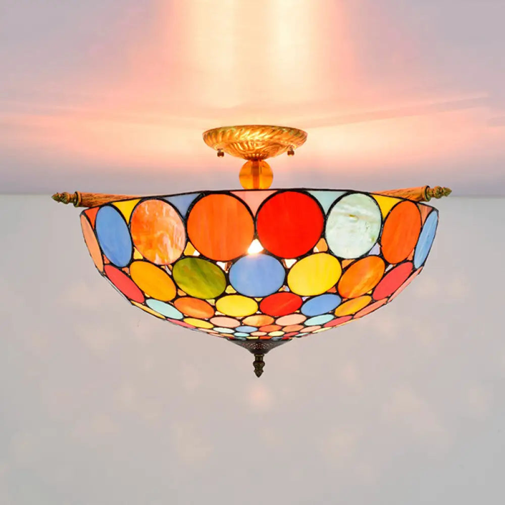 Tiffany - Style Stained Glass Circle Flush Mount Lighting With 5 Brass Heads - 21.5’/25.5’ Wide