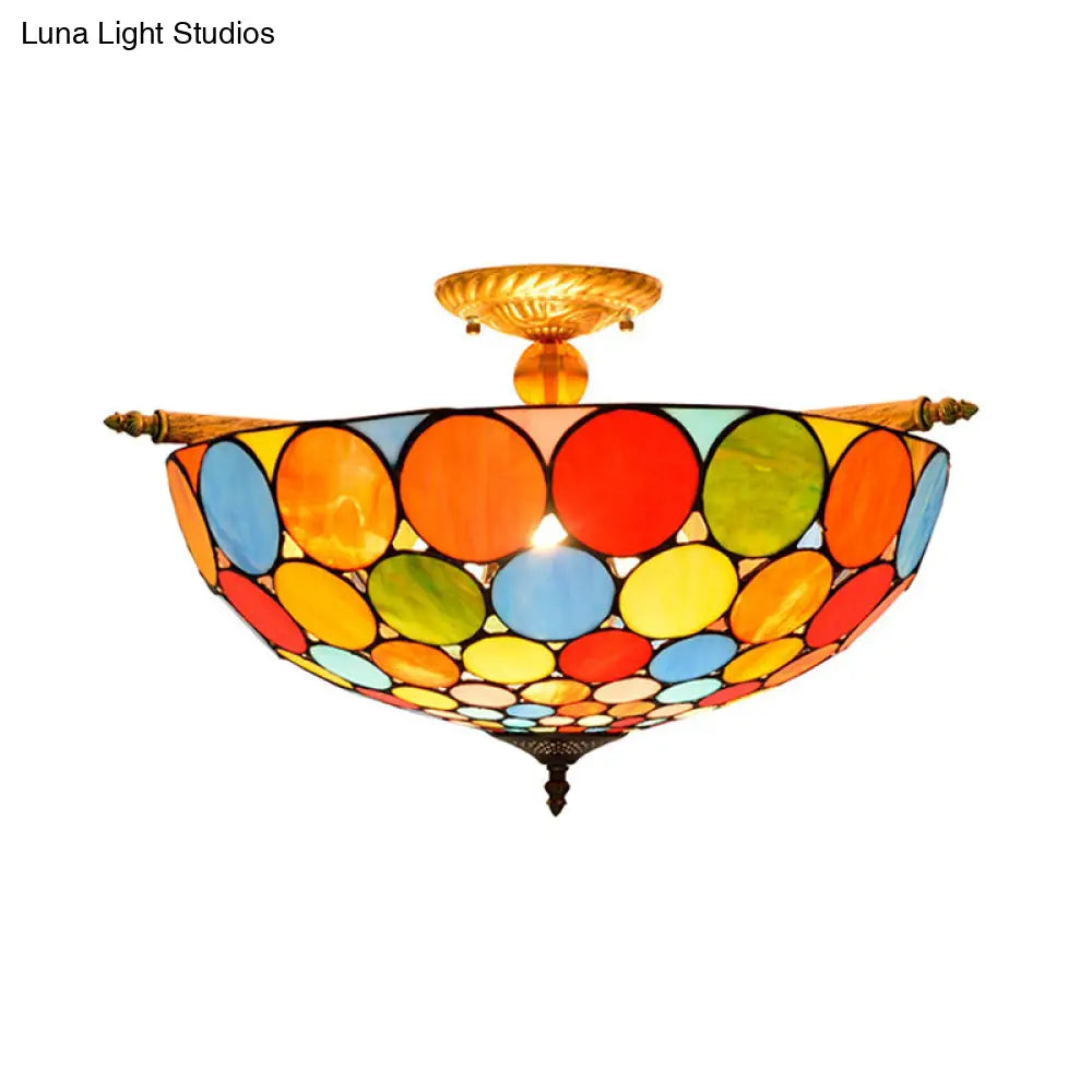 Tiffany - Style Stained Glass Circle Flush Mount Lighting With 5 Brass Heads - 21.5’/25.5’ Wide