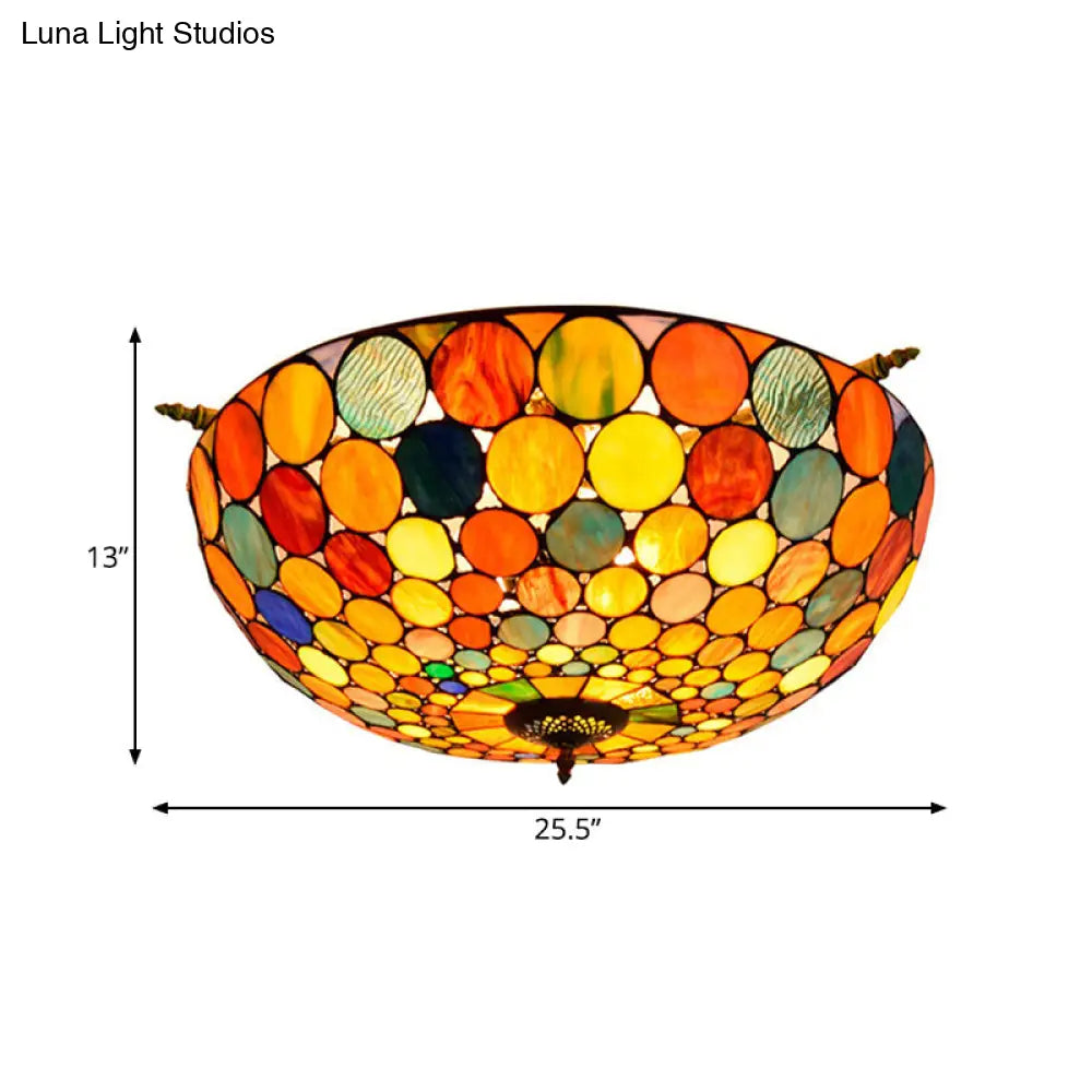 Tiffany-Style Stained Art Glass Semi Flush Mount Lighting - Circle Ceiling 5 Heads Brass Finish