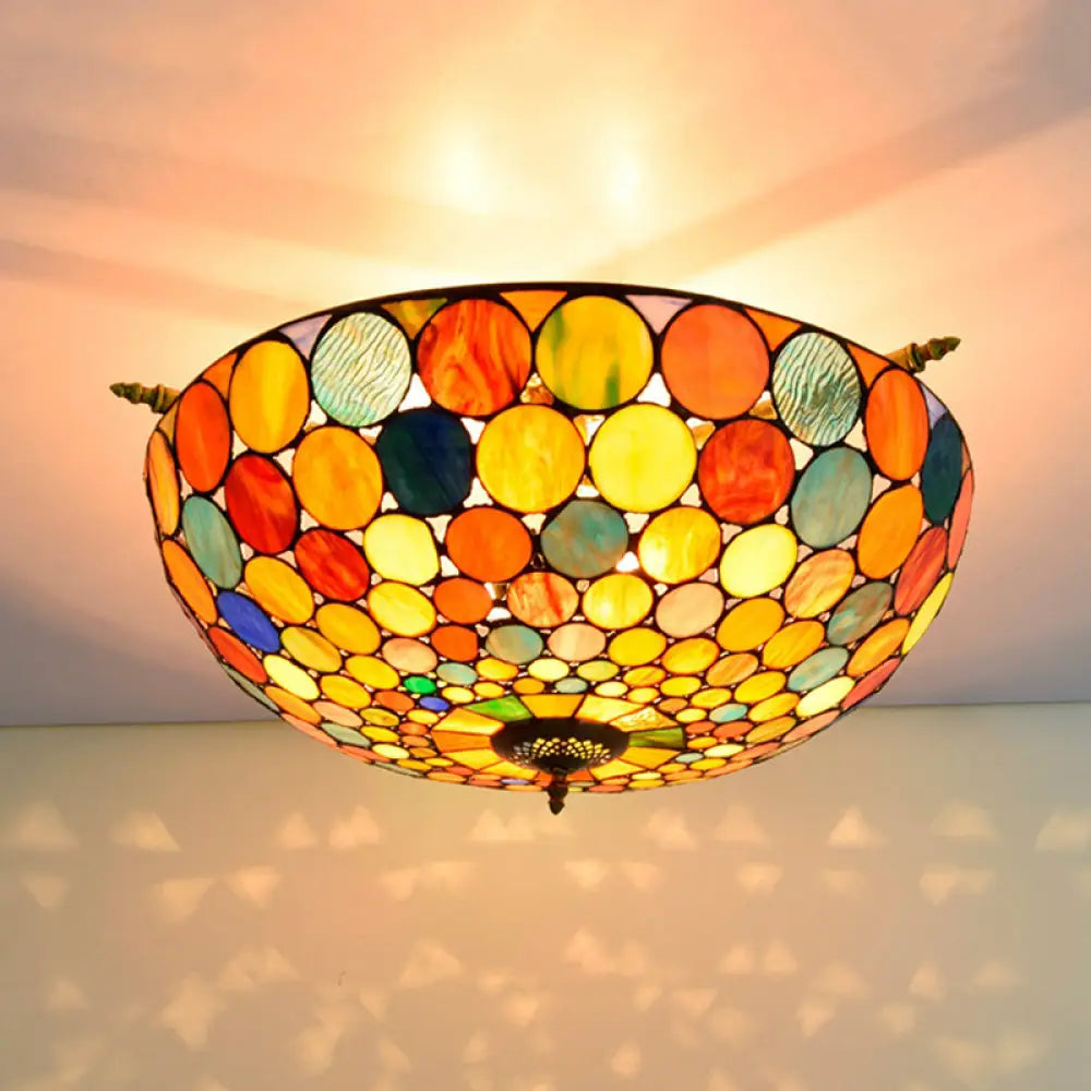 Tiffany - Style Stained Glass Circle Flush Mount Lighting With 5 Brass Heads - 21.5’/25.5’ Wide