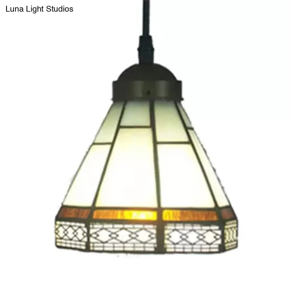 Tiffany-Style Stained Glass Conical Drop Lamp: Beige/Green/Blue Pendant Light For Living Room