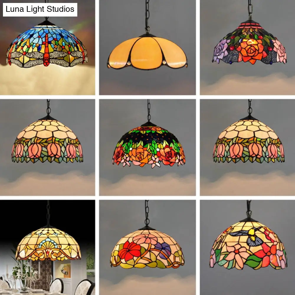 Tiffany-Style Stained Glass Dome Ceiling Pendant Light - 1-Light Hanging Fixture For Restaurants