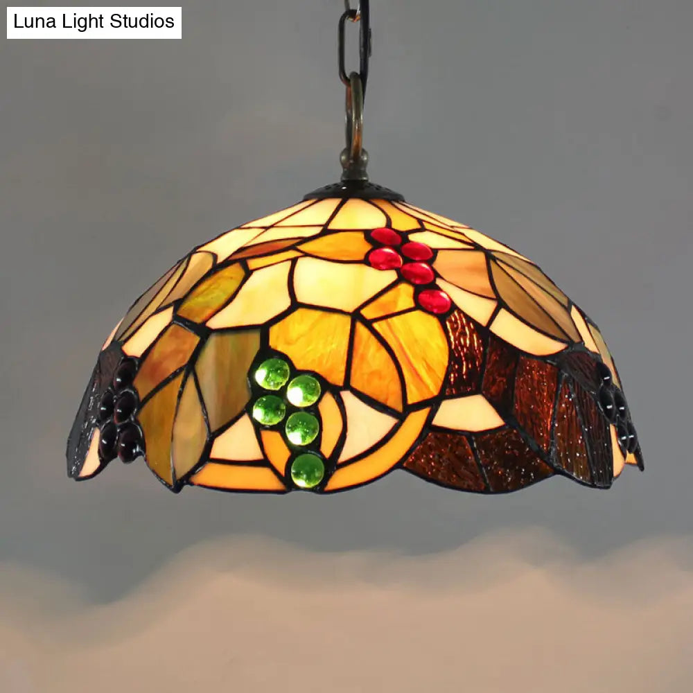 Tiffany-Style Stained Glass Pendant Light - 1-Light Dome Ceiling Hanging Fixture For Restaurants Tan