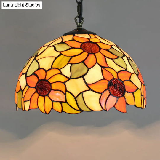 Tiffany-Style Stained Glass Pendant Light - 1-Light Dome Ceiling Hanging Fixture For Restaurants