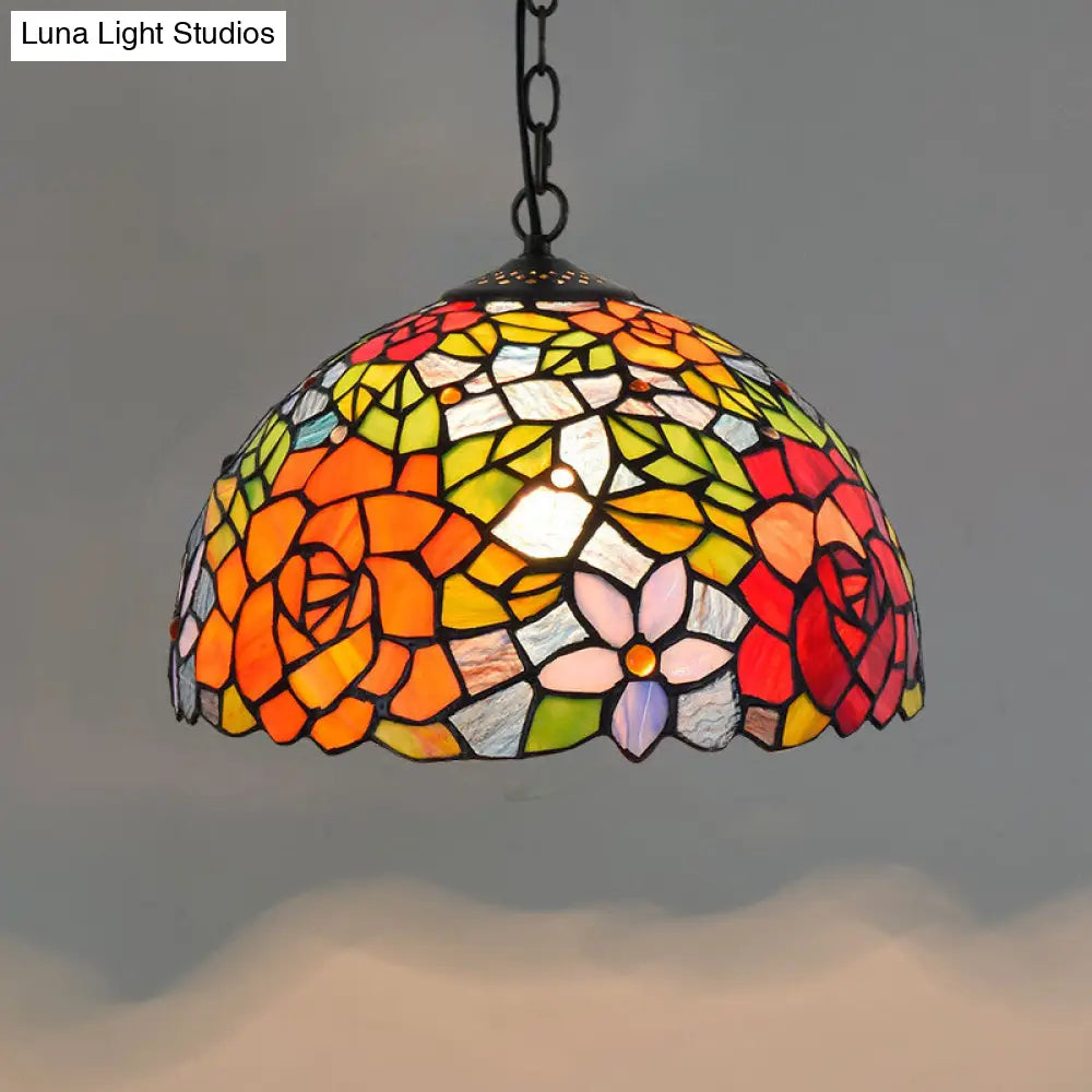 Tiffany-Style Stained Glass Pendant Light - 1-Light Dome Ceiling Hanging Fixture For Restaurants