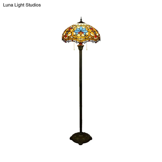 Tiffany Style Stained Glass Floor Lamp With Brass Finish And Pull Chain - Scalloped Dome Design 2