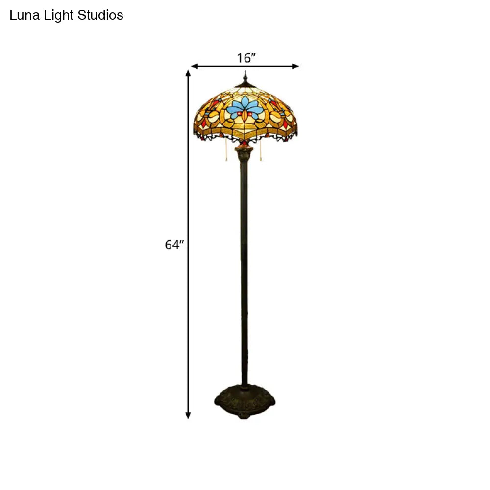 Tiffany Style Stained Glass Floor Lamp With Brass Finish And Pull Chain - Scalloped Dome Design 2