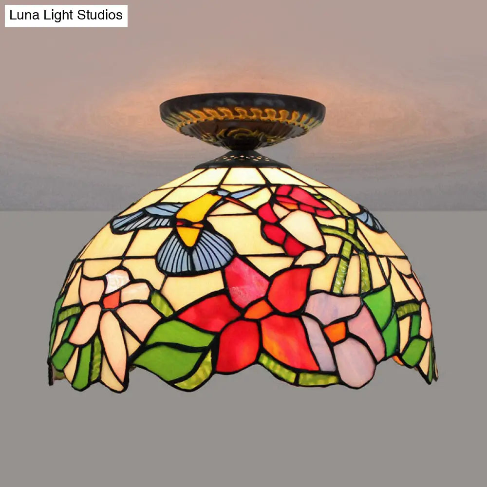 Tiffany-Style Stained Glass Floral Ceiling Fixture: Bronze Flush Mount With Single Bulb / D