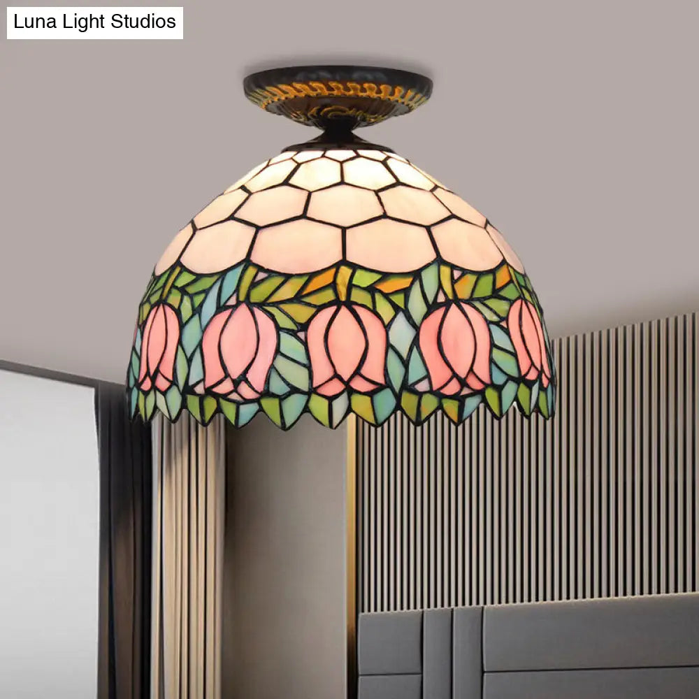 Tiffany-Style Stained Glass Floral Ceiling Fixture: Bronze Flush Mount With Single Bulb / A