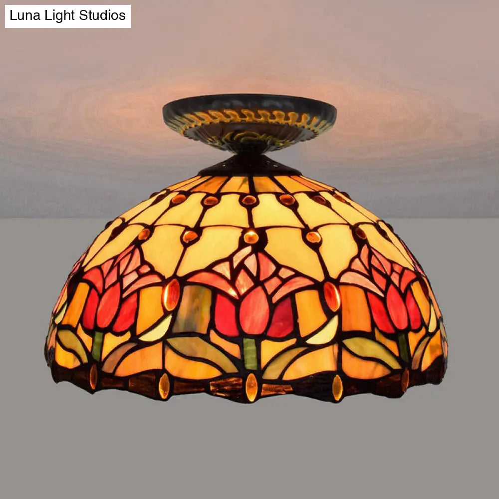Tiffany-Style Stained Glass Floral Ceiling Fixture: Bronze Flush Mount With Single Bulb / B