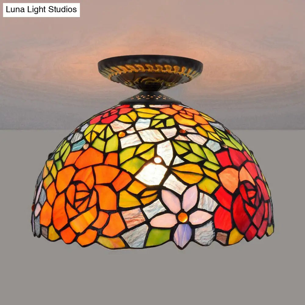 Tiffany-Style Stained Glass Floral Ceiling Fixture: Bronze Flush Mount With Single Bulb / E