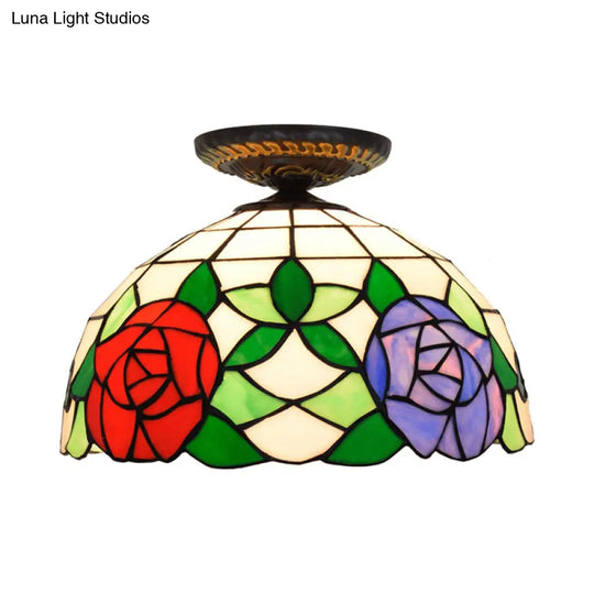 Tiffany-Style Stained Glass Floral Ceiling Fixture: Bronze Flush Mount With Single Bulb