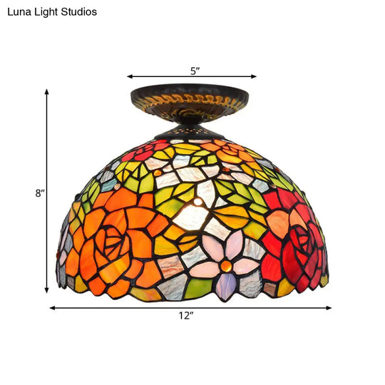 Tiffany-Style Stained Glass Floral Ceiling Fixture: Bronze Flush Mount With Single Bulb