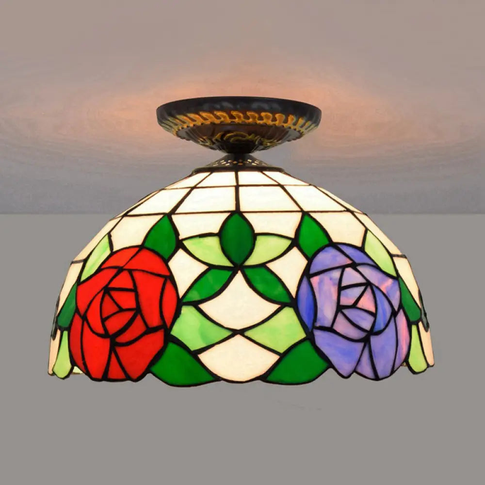 Tiffany-Style Stained Glass Floral Ceiling Fixture: Bronze Flush Mount With Single Bulb / C
