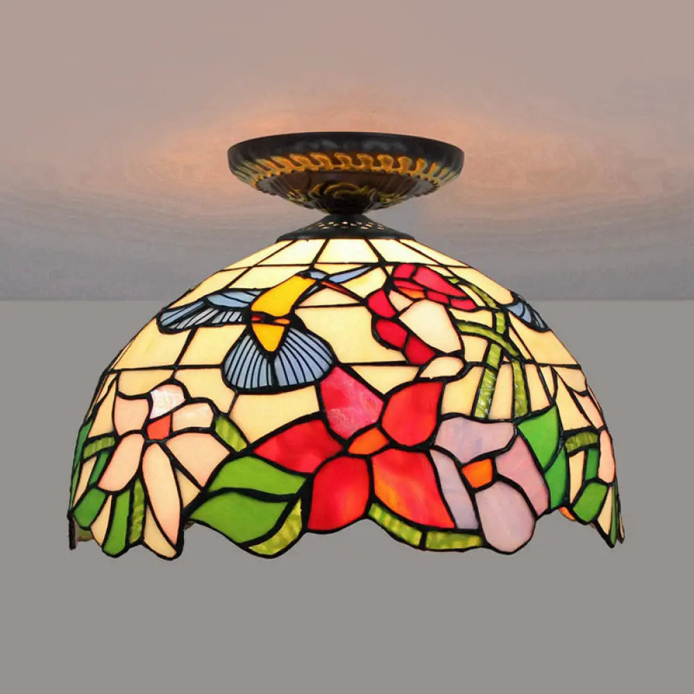 Tiffany-Style Stained Glass Floral Ceiling Fixture: Bronze Flush Mount With Single Bulb / D