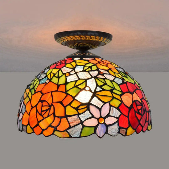 Tiffany-Style Stained Glass Floral Ceiling Fixture: Bronze Flush Mount With Single Bulb / E