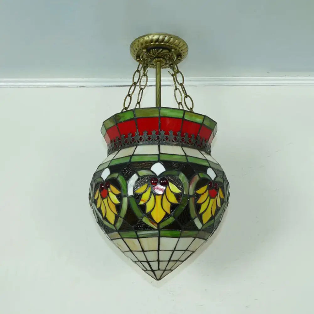 Tiffany Style Stained Glass Flower Semi Flush Mount Light - Green Ideal For Corridor Ceiling