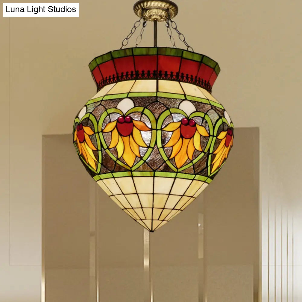 Tiffany Style Stained Glass Flower Semi Flush Mount Light - Green Ideal For Corridor Ceiling