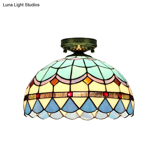 Tiffany Style Stained Glass Flush Ceiling Light With Scalloped Bowl Design