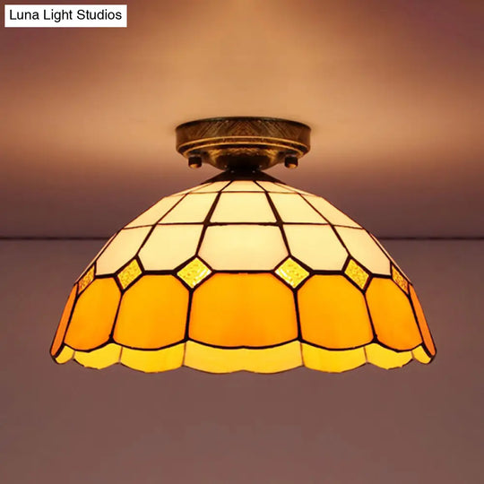 Tiffany Style Stained Glass Flush Ceiling Light With Scalloped Bowl Design Antique Bronze / Yellow