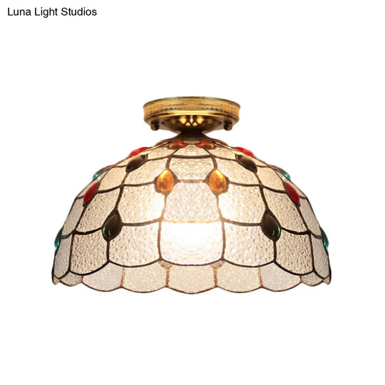 Tiffany Style Stained Glass Flush Ceiling Light With Scalloped Bowl Design