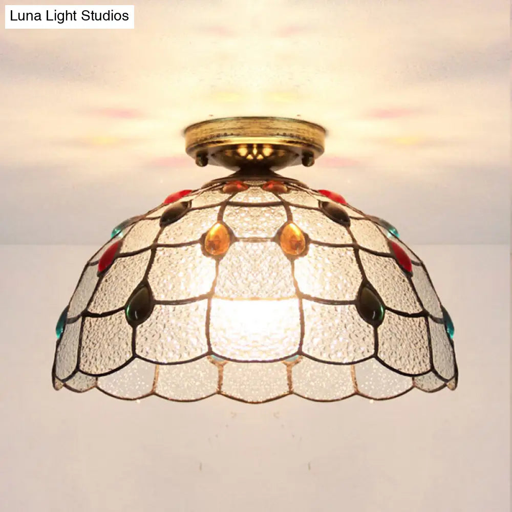 Tiffany Style Stained Glass Flush Ceiling Light With Scalloped Bowl Design Antique Bronze / Gem