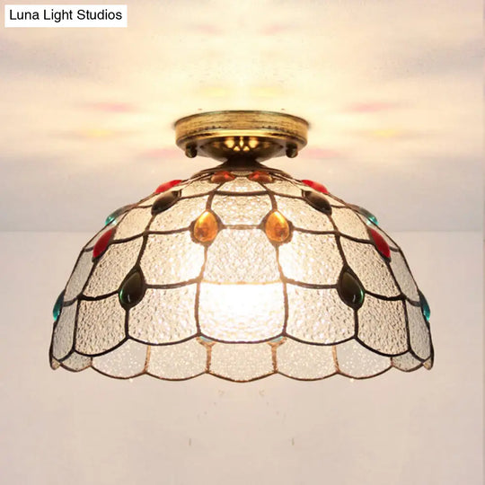 Tiffany Style Stained Glass Flush Ceiling Light With Scalloped Bowl Design Antique Bronze / Gem