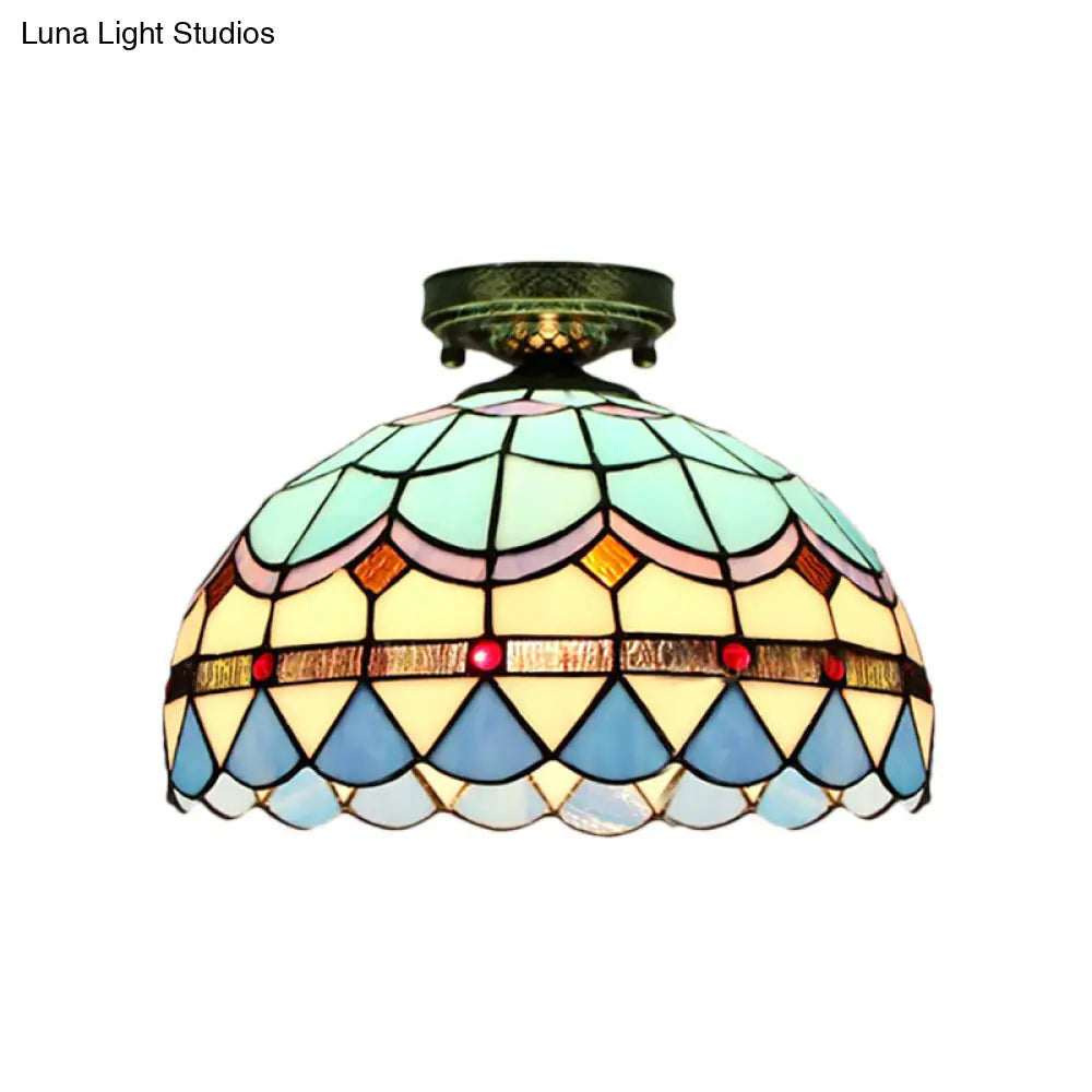 Tiffany Style Stained Glass Flush Ceiling Light With Scalloped Bowl Design