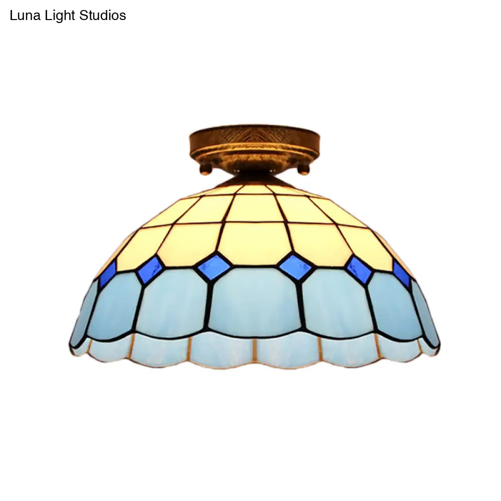 Tiffany Style Stained Glass Flush Ceiling Light With Scalloped Bowl Design