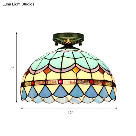 Tiffany Style Stained Glass Flush Ceiling Light With Scalloped Bowl Design