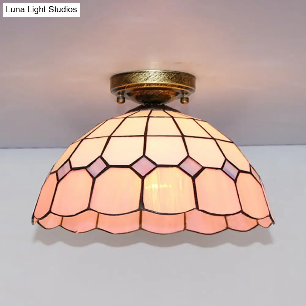 Tiffany Style Stained Glass Flush Ceiling Light With Scalloped Bowl Design Antique Bronze / Square