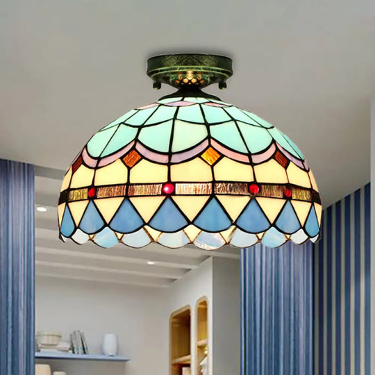 Tiffany Style Stained Glass Flush Ceiling Light With Scalloped Bowl Design Antique Bronze / Baroque