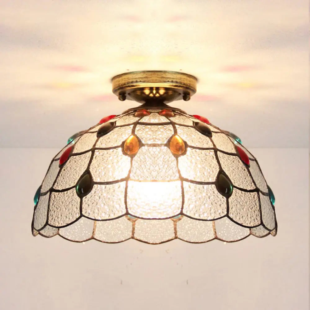 Tiffany Style Stained Glass Flush Ceiling Light With Scalloped Bowl Design Antique Bronze / Gem
