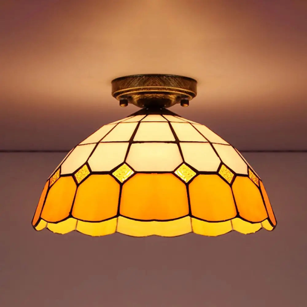 Tiffany Style Stained Glass Flush Ceiling Light With Scalloped Bowl Design Antique Bronze / Yellow