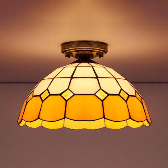 Tiffany Style Stained Glass Flush Ceiling Light With Scalloped Bowl Design Antique Bronze / Yellow